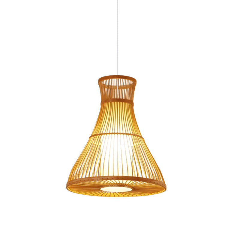 Beige Flared Ceiling Lamp Asian 1 Bulb Bamboo Hanging Light Fixture with Inner Tube Parchment Shade Clearhalo 'Ceiling Lights' 'Modern Pendants' 'Modern' 'Pendant Lights' 'Pendants' Lighting' 367213