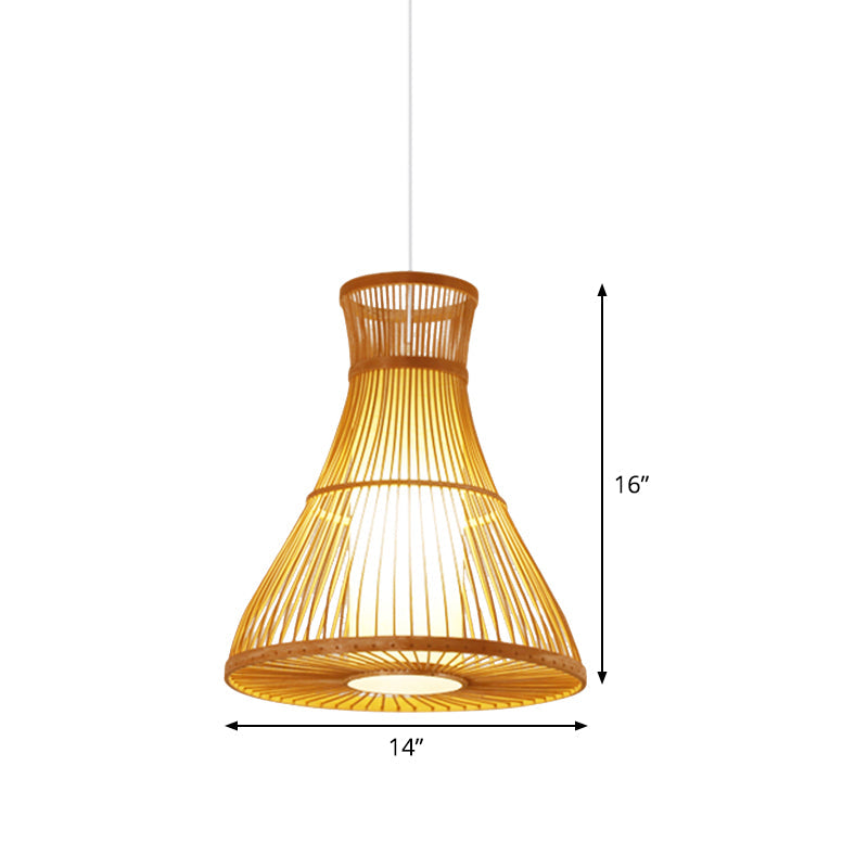 Beige Flared Ceiling Lamp Asian 1 Bulb Bamboo Hanging Light Fixture with Inner Tube Parchment Shade Clearhalo 'Ceiling Lights' 'Modern Pendants' 'Modern' 'Pendant Lights' 'Pendants' Lighting' 367215