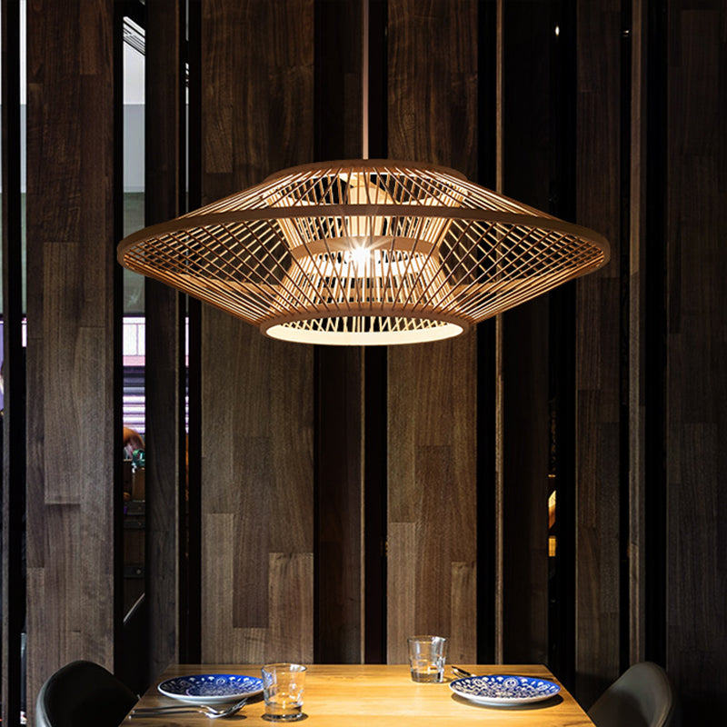 Chinese Saucer Ceiling Light Bamboo 1 Bulb Suspended Lighting Fixture in Wood for Teahouse Clearhalo 'Ceiling Lights' 'Pendant Lights' 'Pendants' Lighting' 367272