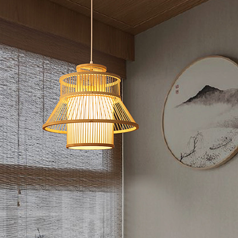 Wood Flared Hanging Light Chinese 1 Bulb Bamboo Suspended Lighting Fixture for Tearoom Clearhalo 'Ceiling Lights' 'Pendant Lights' 'Pendants' Lighting' 367298