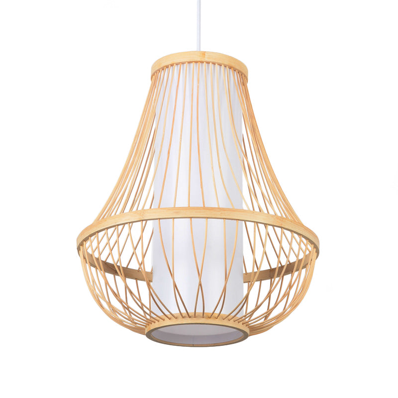 Teardrop Ceiling Light Japanese Bamboo 1 Bulb Wood Pendant Lighting Fixture with Tubular White Parchment Shade Clearhalo 'Ceiling Lights' 'Pendant Lights' 'Pendants' Lighting' 367319