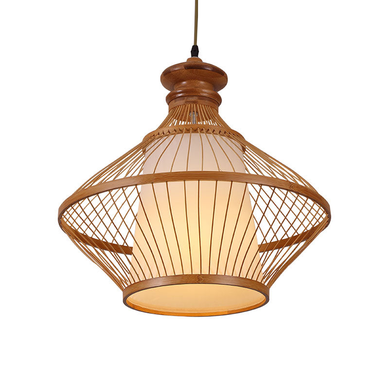 Bamboo Urn Ceiling Lamp Japanese 1 Head Hanging Pendant Light in Beige with Inner Tapered White Parchment Shade Clearhalo 'Ceiling Lights' 'Pendant Lights' 'Pendants' Lighting' 367334