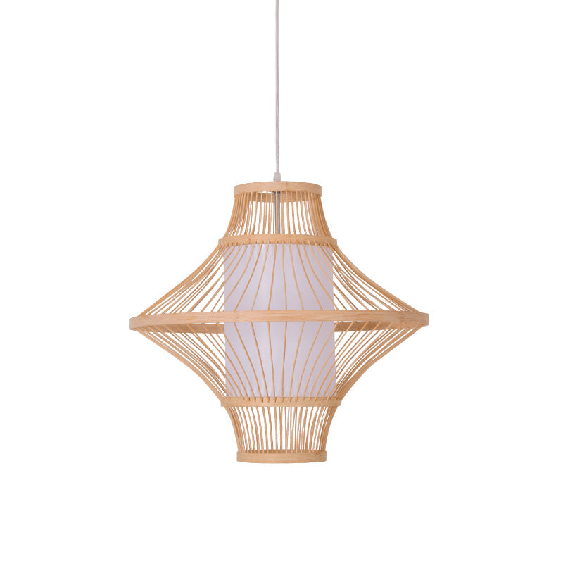 Flying Saucer Bamboo Ceiling Light Asia 1 Head Wood Suspended Lighting Fixture with Cylinder White Parchment Shade Clearhalo 'Ceiling Lights' 'Pendant Lights' 'Pendants' Lighting' 367344