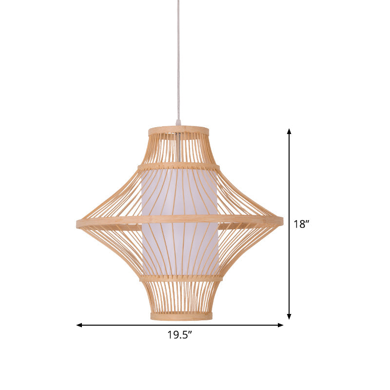 Flying Saucer Bamboo Ceiling Light Asia 1 Head Wood Suspended Lighting Fixture with Cylinder White Parchment Shade Clearhalo 'Ceiling Lights' 'Pendant Lights' 'Pendants' Lighting' 367346