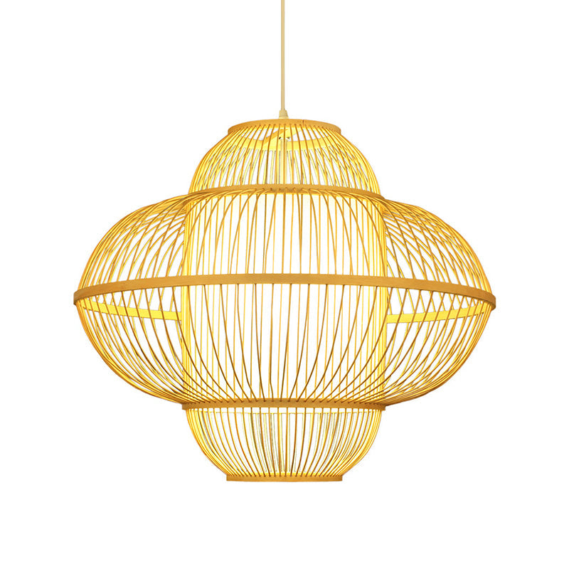 Lantern Pendant Lamp Chinese Bamboo 1 Head Beige Hanging Ceiling Light, 18