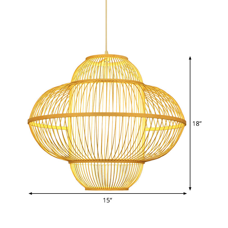 Lantern Pendant Lamp Chinese Bamboo 1 Head Beige Hanging Ceiling Light, 18