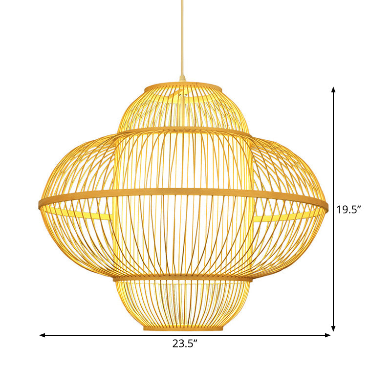 Lantern Pendant Lamp Chinese Bamboo 1 Head Beige Hanging Ceiling Light, 18