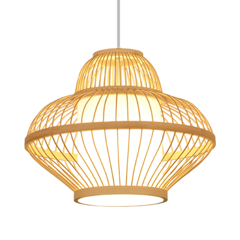 1 Head Teahouse Pendant Light Asia Wood Ceiling Suspension Lamp with Curved Bamboo Shade Clearhalo 'Ceiling Lights' 'Pendant Lights' 'Pendants' Lighting' 367355