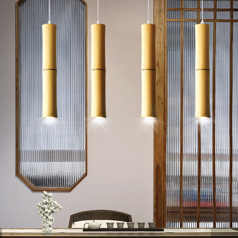 Asian 1 Head Ceiling Lamp Wood Cylindrical Hanging Pendant Light with Resin Shade Clearhalo 'Ceiling Lights' 'Pendant Lights' 'Pendants' Lighting' 367378