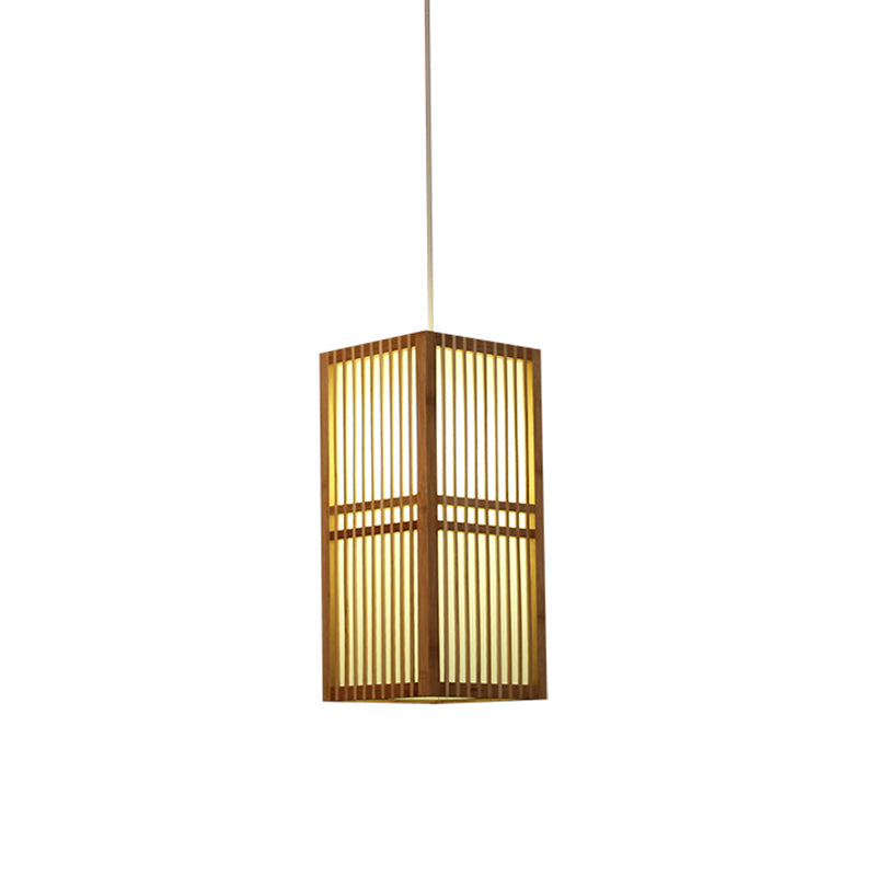 Rectangle Wood Hanging Light Asia 1 Bulb Beige Suspended Lighting Fixture with Adjustable Cord Clearhalo 'Ceiling Lights' 'Pendant Lights' 'Pendants' Lighting' 367388