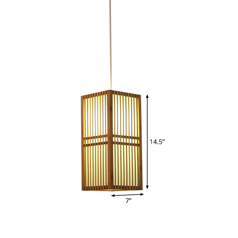 Rectangle Wood Hanging Light Asia 1 Bulb Beige Suspended Lighting Fixture with Adjustable Cord Clearhalo 'Ceiling Lights' 'Pendant Lights' 'Pendants' Lighting' 367390