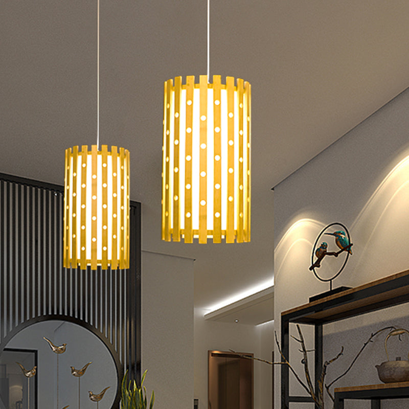 Wood Cylindrical Pendant Lighting Japanese 1 Bulb Hanging Light Fixture in Beige Clearhalo 'Ceiling Lights' 'Pendant Lights' 'Pendants' Lighting' 367421