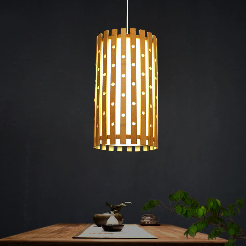 Wood Cylindrical Pendant Lighting Japanese 1 Bulb Hanging Light Fixture in Beige Clearhalo 'Ceiling Lights' 'Pendant Lights' 'Pendants' Lighting' 367422