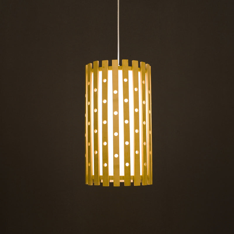 Wood Cylindrical Pendant Lighting Japanese 1 Bulb Hanging Light Fixture in Beige Clearhalo 'Ceiling Lights' 'Pendant Lights' 'Pendants' Lighting' 367424