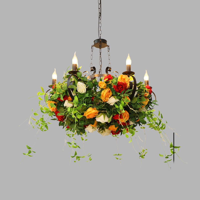 Metal Black Chandelier Lamp Rose 6 Lights Industrial LED Hanging Ceiling Light with Plant Decor Clearhalo 'Cast Iron' 'Ceiling Lights' 'Chandeliers' 'Industrial Chandeliers' 'Industrial' 'Metal' 'Middle Century Chandeliers' 'Rustic Chandeliers' 'Tiffany' Lighting' 367474