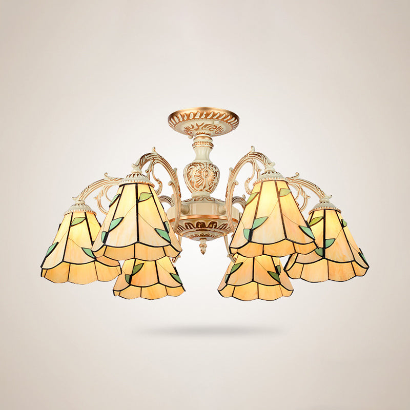 Leaf Chandelier Lamp with Curved Arm 3/5/6/8 Lights Beige Glass Rustic Living Room Hanging Light Clearhalo 'Ceiling Lights' 'Chandeliers' 'Close To Ceiling Lights' 'Close to ceiling' 'Glass shade' 'Glass' 'Semi-flushmount' 'Tiffany close to ceiling' 'Tiffany' Lighting' 36754