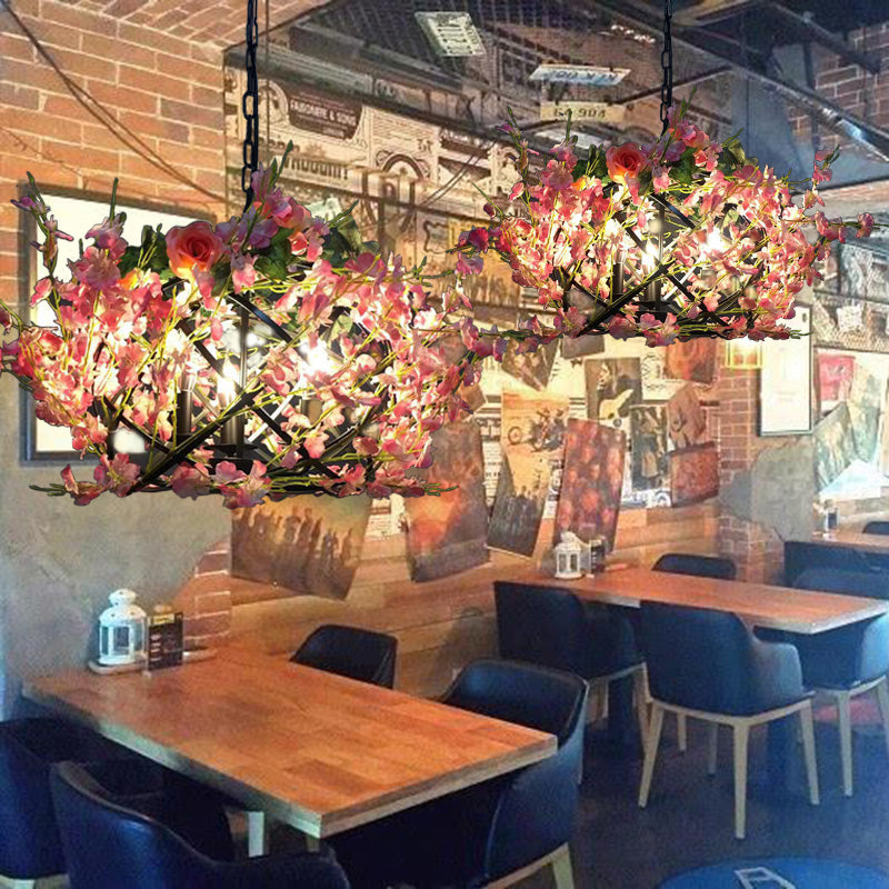 Metal Pink Flower Hanging Chandelier Candle 3 Bulbs Industrial Ceiling Light for Restaurant Pink Clearhalo 'Cast Iron' 'Ceiling Lights' 'Chandeliers' 'Industrial Chandeliers' 'Industrial' 'Metal' 'Middle Century Chandeliers' 'Rustic Chandeliers' 'Tiffany' Lighting' 367546