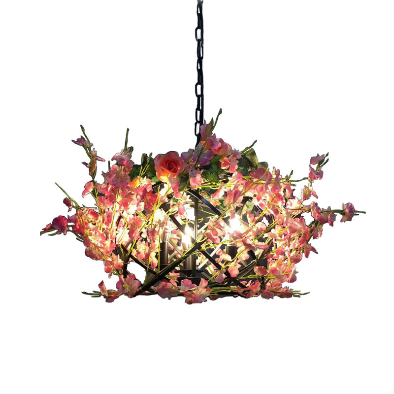 Metal Pink Flower Hanging Chandelier Candle 3 Bulbs Industrial Ceiling Light for Restaurant Clearhalo 'Cast Iron' 'Ceiling Lights' 'Chandeliers' 'Industrial Chandeliers' 'Industrial' 'Metal' 'Middle Century Chandeliers' 'Rustic Chandeliers' 'Tiffany' Lighting' 367548