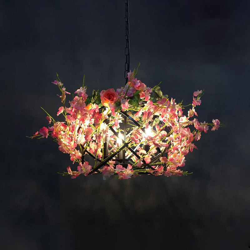 Metal Pink Flower Hanging Chandelier Candle 3 Bulbs Industrial Ceiling Light for Restaurant Clearhalo 'Cast Iron' 'Ceiling Lights' 'Chandeliers' 'Industrial Chandeliers' 'Industrial' 'Metal' 'Middle Century Chandeliers' 'Rustic Chandeliers' 'Tiffany' Lighting' 367549