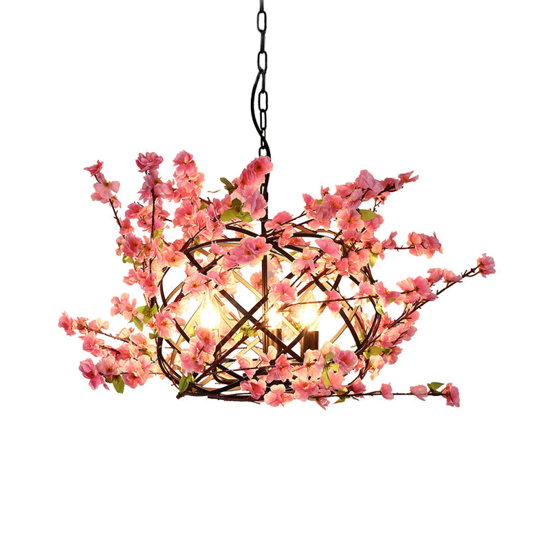 3 Lights Flower Chandelier Lighting with Bird Nest Metal Industrial Restaurant Drop Pendant in Pink Clearhalo 'Cast Iron' 'Ceiling Lights' 'Chandeliers' 'Industrial Chandeliers' 'Industrial' 'Metal' 'Middle Century Chandeliers' 'Rustic Chandeliers' 'Tiffany' Lighting' 367558