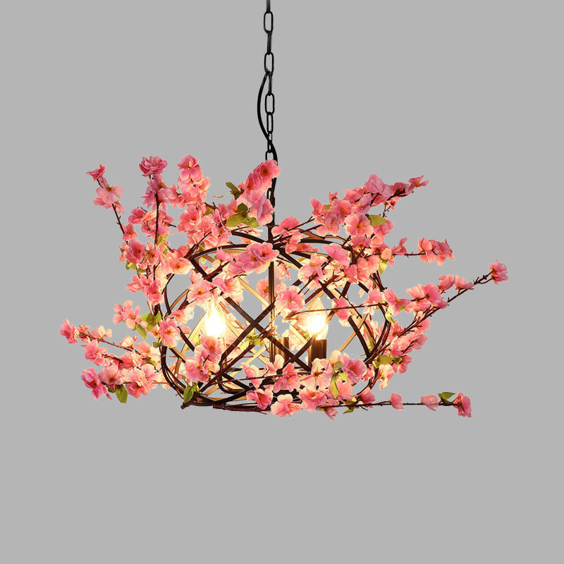 3 Lights Flower Chandelier Lighting with Bird Nest Metal Industrial Restaurant Drop Pendant in Pink Clearhalo 'Cast Iron' 'Ceiling Lights' 'Chandeliers' 'Industrial Chandeliers' 'Industrial' 'Metal' 'Middle Century Chandeliers' 'Rustic Chandeliers' 'Tiffany' Lighting' 367559