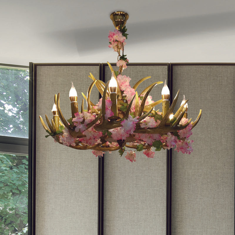 Antler Resin Chandelier Lighting Industrial 12 Lights Restaurant LED Ceiling Lamp in Pink with Cherry Blossom Clearhalo 'Ceiling Lights' 'Chandeliers' 'Industrial Chandeliers' 'Industrial' 'Middle Century Chandeliers' 'Tiffany' Lighting' 367630