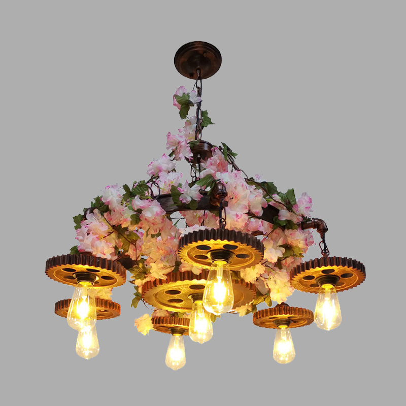 Pink 7 Bulbs Pendant Chandelier Industrial Metal Bare Bulb Ceiling Hang Fixture with Cherry Blossom Clearhalo 'Cast Iron' 'Ceiling Lights' 'Chandeliers' 'Industrial Chandeliers' 'Industrial' 'Metal' 'Middle Century Chandeliers' 'Rustic Chandeliers' 'Tiffany' Lighting' 367661