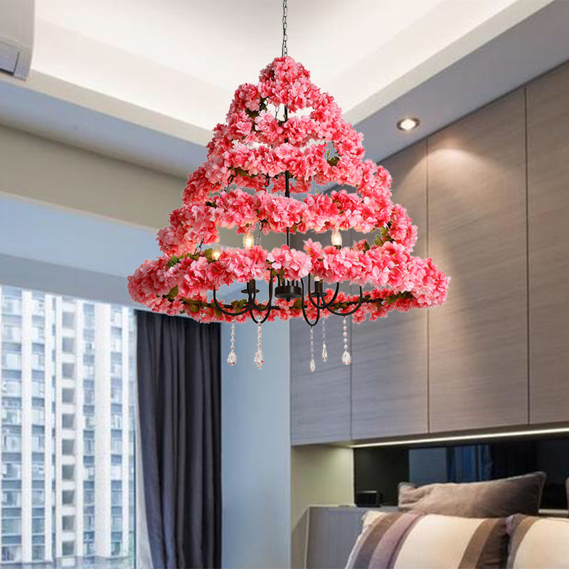 Cherry Blossom Restaurant Chandelier Light Industrial Metal 5 Bulbs Pink Hanging Lamp with Dangling Crystal, 31.5