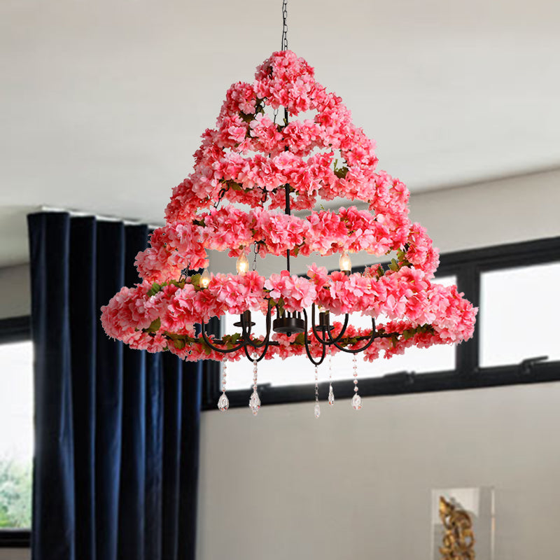 Cherry Blossom Restaurant Chandelier Light Industrial Metal 5 Bulbs Pink Hanging Lamp with Dangling Crystal, 31.5