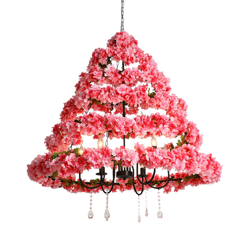 Cherry Blossom Restaurant Chandelier Light Industrial Metal 5 Bulbs Pink Hanging Lamp with Dangling Crystal, 31.5