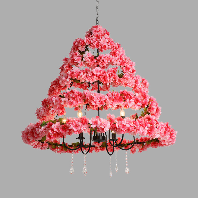 Cherry Blossom Restaurant Chandelier Light Industrial Metal 5 Bulbs Pink Hanging Lamp with Dangling Crystal, 31.5