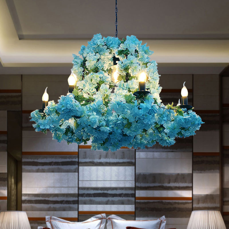 Industrial Candle Chandelier Light Fixture 6/8 Bulbs Metal LED Suspension Lighting in Blue with Cherry Blossom Clearhalo 'Cast Iron' 'Ceiling Lights' 'Chandeliers' 'Industrial Chandeliers' 'Industrial' 'Metal' 'Middle Century Chandeliers' 'Rustic Chandeliers' 'Tiffany' Lighting' 367729