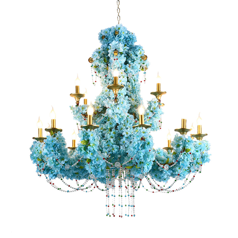 Blue Candelabra LED Chandelier Light Vintage Metal 12 Lights Restaurant Flower Drop Lamp with Crystal Accent Clearhalo 'Cast Iron' 'Ceiling Lights' 'Chandeliers' 'Industrial Chandeliers' 'Industrial' 'Metal' 'Middle Century Chandeliers' 'Rustic Chandeliers' 'Tiffany' Lighting' 367749