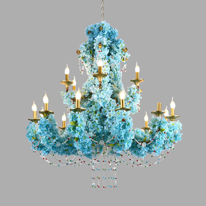 Blue Candelabra LED Chandelier Light Vintage Metal 12 Lights Restaurant Flower Drop Lamp with Crystal Accent Clearhalo 'Cast Iron' 'Ceiling Lights' 'Chandeliers' 'Industrial Chandeliers' 'Industrial' 'Metal' 'Middle Century Chandeliers' 'Rustic Chandeliers' 'Tiffany' Lighting' 367750