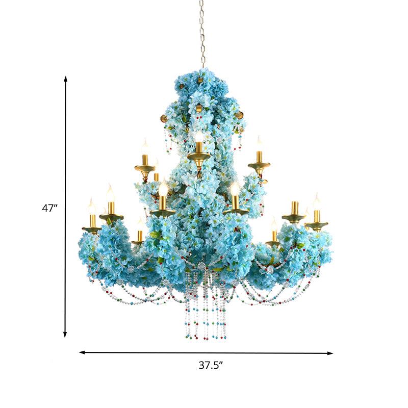 Blue Candelabra LED Chandelier Light Vintage Metal 12 Lights Restaurant Flower Drop Lamp with Crystal Accent Clearhalo 'Cast Iron' 'Ceiling Lights' 'Chandeliers' 'Industrial Chandeliers' 'Industrial' 'Metal' 'Middle Century Chandeliers' 'Rustic Chandeliers' 'Tiffany' Lighting' 367751