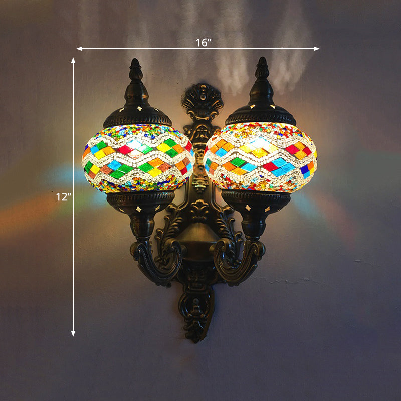 Traditional Ball Wall Mount Light 2 Heads Stained Glass Wall Sconce Lighting in White/Yellow/Sky Blue Clearhalo 'Wall Lamps & Sconces' 'Wall Lights' Lighting' 367871