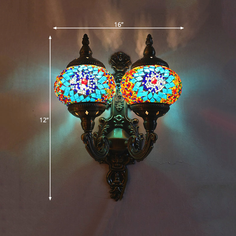 Traditional Ball Wall Mount Light 2 Heads Stained Glass Wall Sconce Lighting in White/Yellow/Sky Blue Clearhalo 'Wall Lamps & Sconces' 'Wall Lights' Lighting' 367873