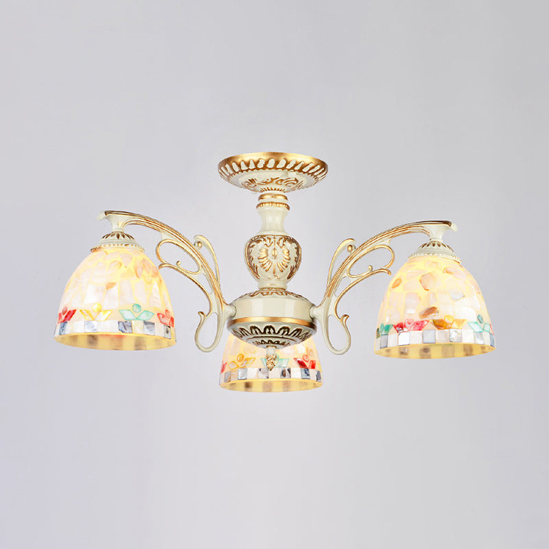 3/5/6 Lights Bowl Ceiling Light Fixture Traditional Shell Chandelier Lighting in Beige for Dining Room Clearhalo 'Ceiling Lights' 'Chandeliers' 'Close To Ceiling Lights' 'Close to ceiling' 'Glass shade' 'Glass' 'Semi-flushmount' 'Tiffany close to ceiling' 'Tiffany' Lighting' 36794