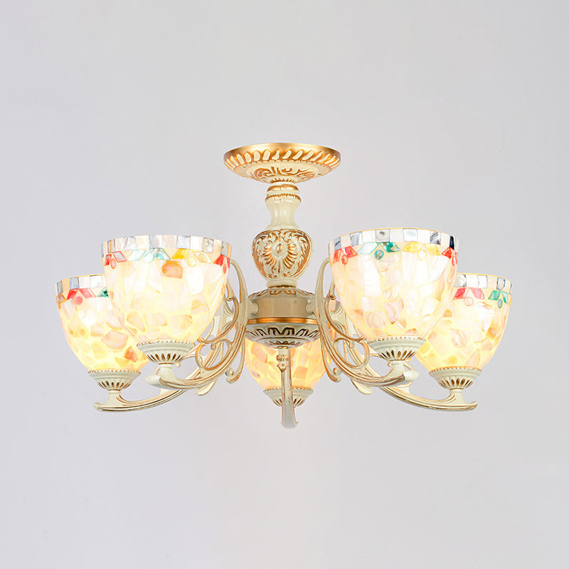 3/5/6 Lights Bowl Ceiling Light Fixture Traditional Shell Chandelier Lighting in Beige for Dining Room Clearhalo 'Ceiling Lights' 'Chandeliers' 'Close To Ceiling Lights' 'Close to ceiling' 'Glass shade' 'Glass' 'Semi-flushmount' 'Tiffany close to ceiling' 'Tiffany' Lighting' 36796