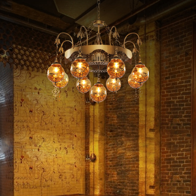 Traditional Ball Chandelier Lighting 9 Heads Tan Glass Suspension Pendant Lamp for Restaurant Clearhalo 'Ceiling Lights' 'Chandeliers' Lighting' options 367982