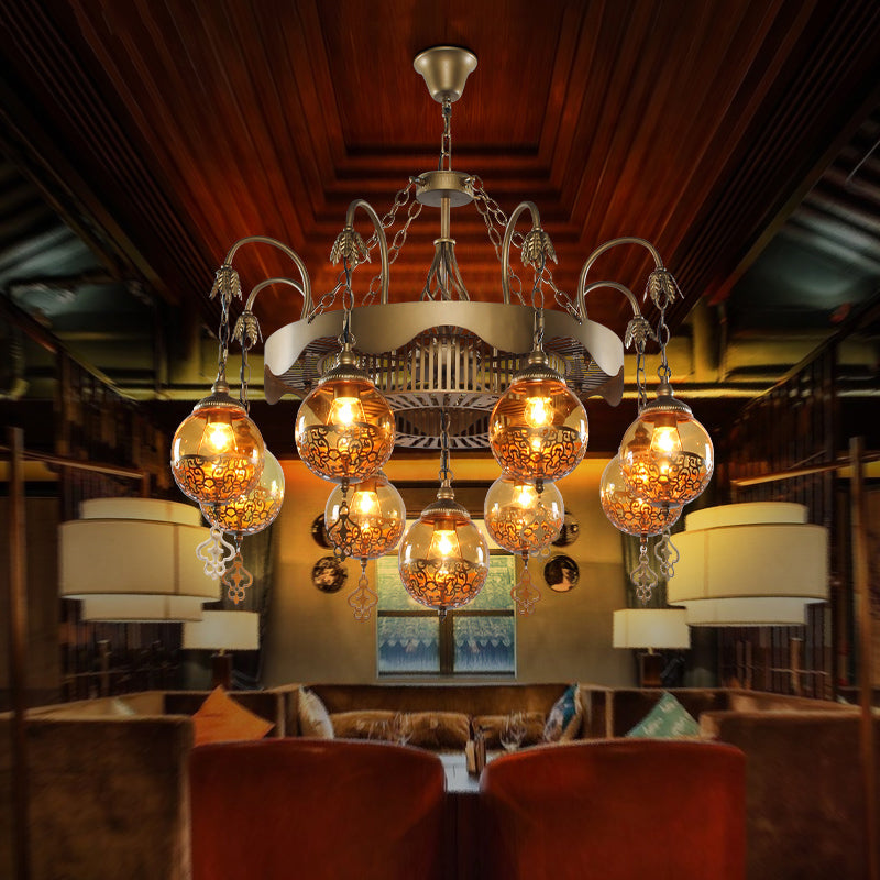 Traditional Ball Chandelier Lighting 9 Heads Tan Glass Suspension Pendant Lamp for Restaurant Clearhalo 'Ceiling Lights' 'Chandeliers' Lighting' options 367983