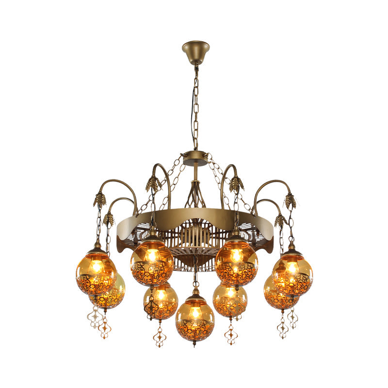 Traditional Ball Chandelier Lighting 9 Heads Tan Glass Suspension Pendant Lamp for Restaurant Clearhalo 'Ceiling Lights' 'Chandeliers' Lighting' options 367985