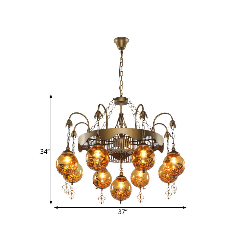 Traditional Ball Chandelier Lighting 9 Heads Tan Glass Suspension Pendant Lamp for Restaurant Clearhalo 'Ceiling Lights' 'Chandeliers' Lighting' options 367986