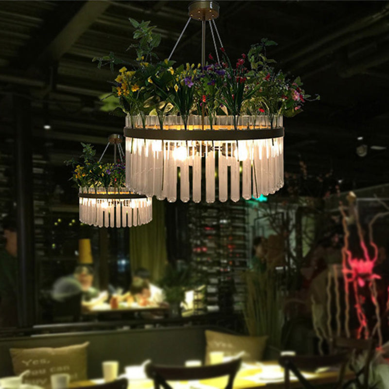 1/2-Tier Restaurant Chandelier Light Industrial Metal 4 Bulbs Green Plant Pendant Lighting Fixture, 19.5