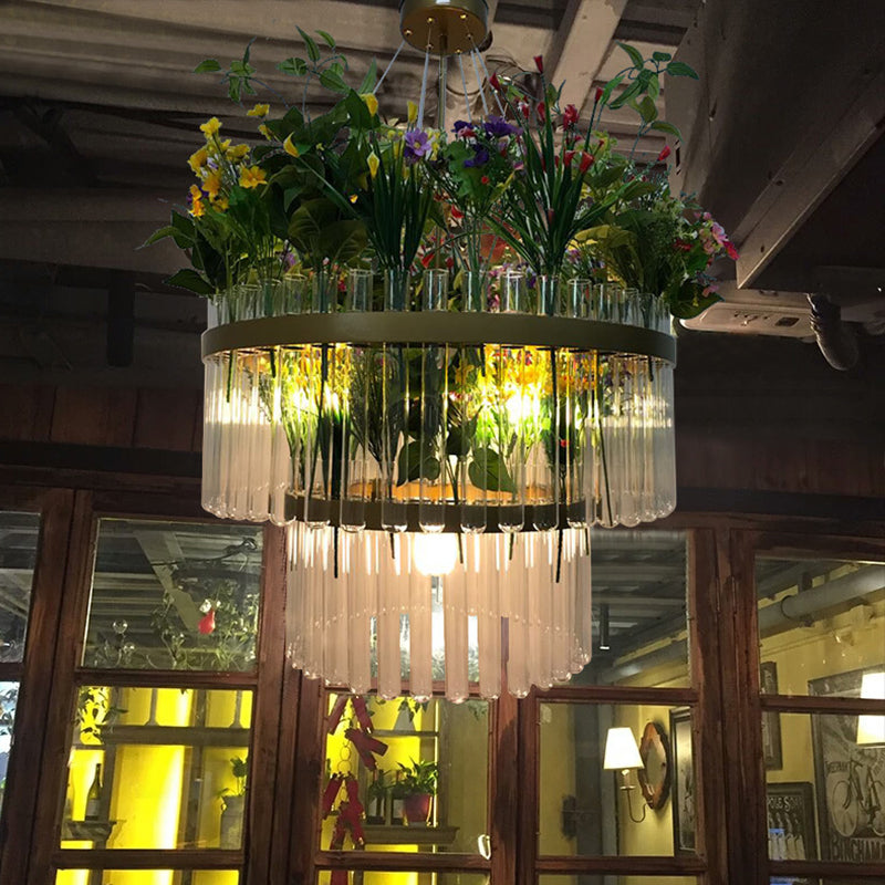 1/2-Tier Restaurant Chandelier Light Industrial Metal 4 Bulbs Green Plant Pendant Lighting Fixture, 19.5