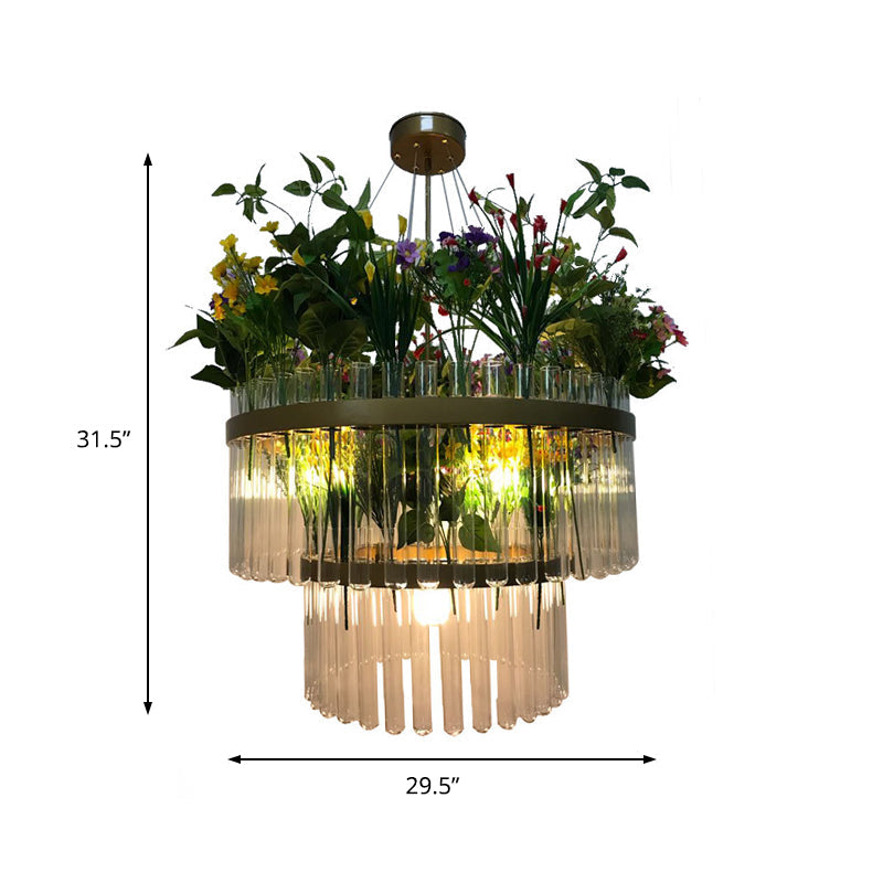 1/2-Tier Restaurant Chandelier Light Industrial Metal 4 Bulbs Green Plant Pendant Lighting Fixture, 19.5