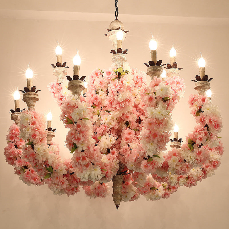 Candle Restaurant Chandelier Light Vintage Metal 15 Heads Pink Flower Pendant Lighting Fixture Clearhalo 'Cast Iron' 'Ceiling Lights' 'Chandeliers' 'Industrial Chandeliers' 'Industrial' 'Metal' 'Middle Century Chandeliers' 'Rustic Chandeliers' 'Tiffany' Lighting' 368038