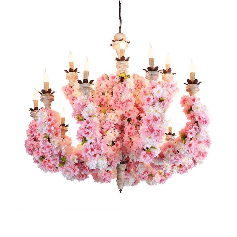 Candle Restaurant Chandelier Light Vintage Metal 15 Heads Pink Flower Pendant Lighting Fixture Clearhalo 'Cast Iron' 'Ceiling Lights' 'Chandeliers' 'Industrial Chandeliers' 'Industrial' 'Metal' 'Middle Century Chandeliers' 'Rustic Chandeliers' 'Tiffany' Lighting' 368039