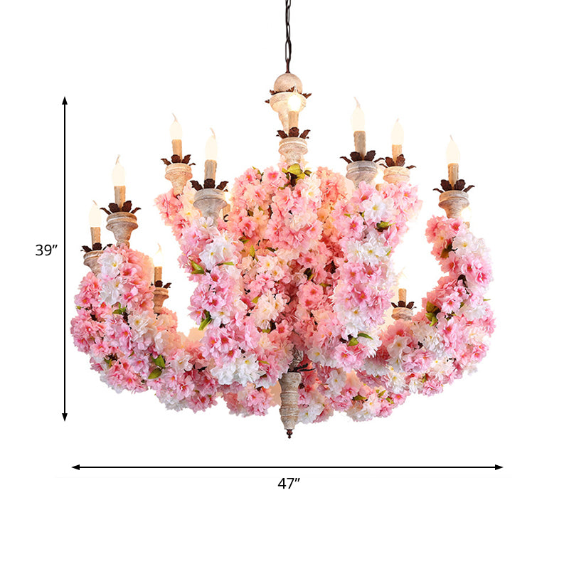 Candle Restaurant Chandelier Light Vintage Metal 15 Heads Pink Flower Pendant Lighting Fixture Clearhalo 'Cast Iron' 'Ceiling Lights' 'Chandeliers' 'Industrial Chandeliers' 'Industrial' 'Metal' 'Middle Century Chandeliers' 'Rustic Chandeliers' 'Tiffany' Lighting' 368040