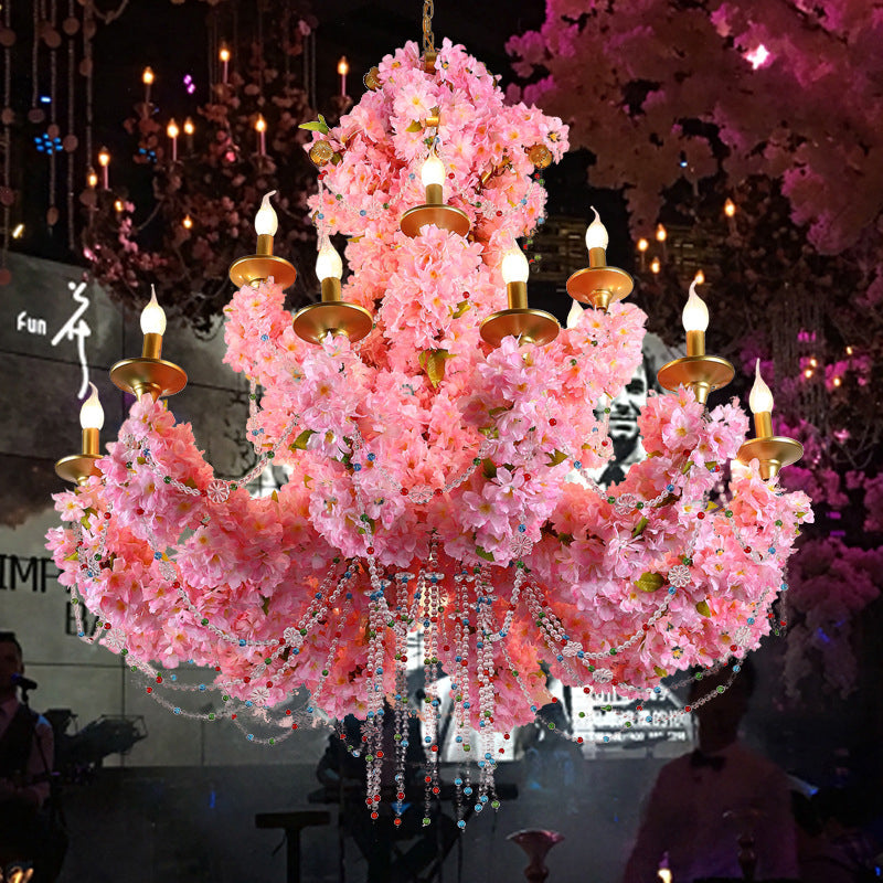 Pink 12 Heads Chandelier Lamp Industrial Metal Candelabra Flower Hanging Light Fixture for Restaurant Clearhalo 'Cast Iron' 'Ceiling Lights' 'Chandeliers' 'Industrial Chandeliers' 'Industrial' 'Metal' 'Middle Century Chandeliers' 'Rustic Chandeliers' 'Tiffany' Lighting' 368043